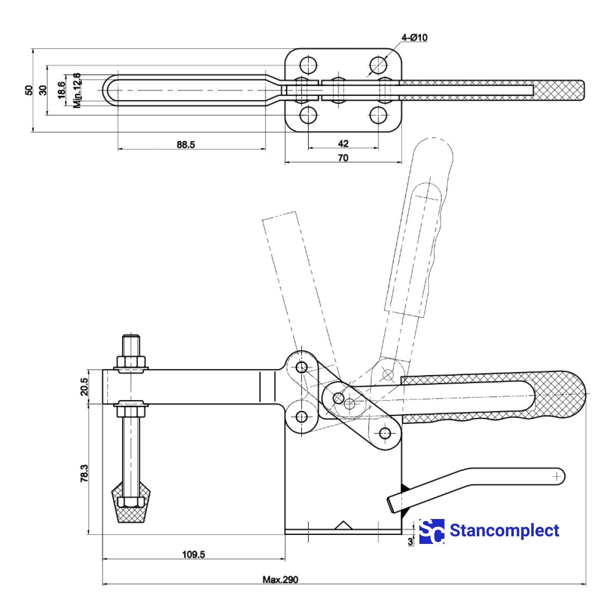 Quick release horizontal toggle clamp ST-220-WLH - holding capacity 400 kg